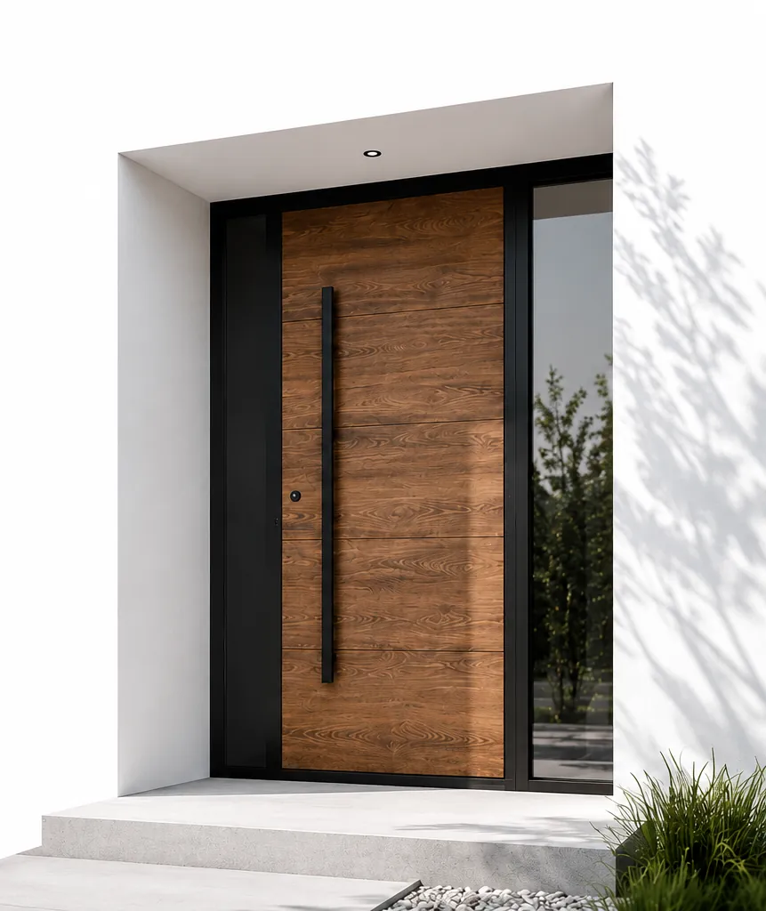 Ușă de intrare METGLASS din aluminiu cu finisaj lemn, într-o intrare albă minimalistă