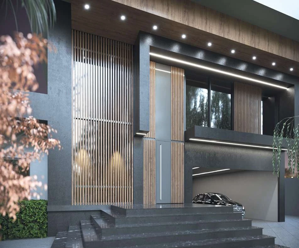 Pivot Mini — fațadă contemporană cu lamele de aluminiu și iluminare integrată