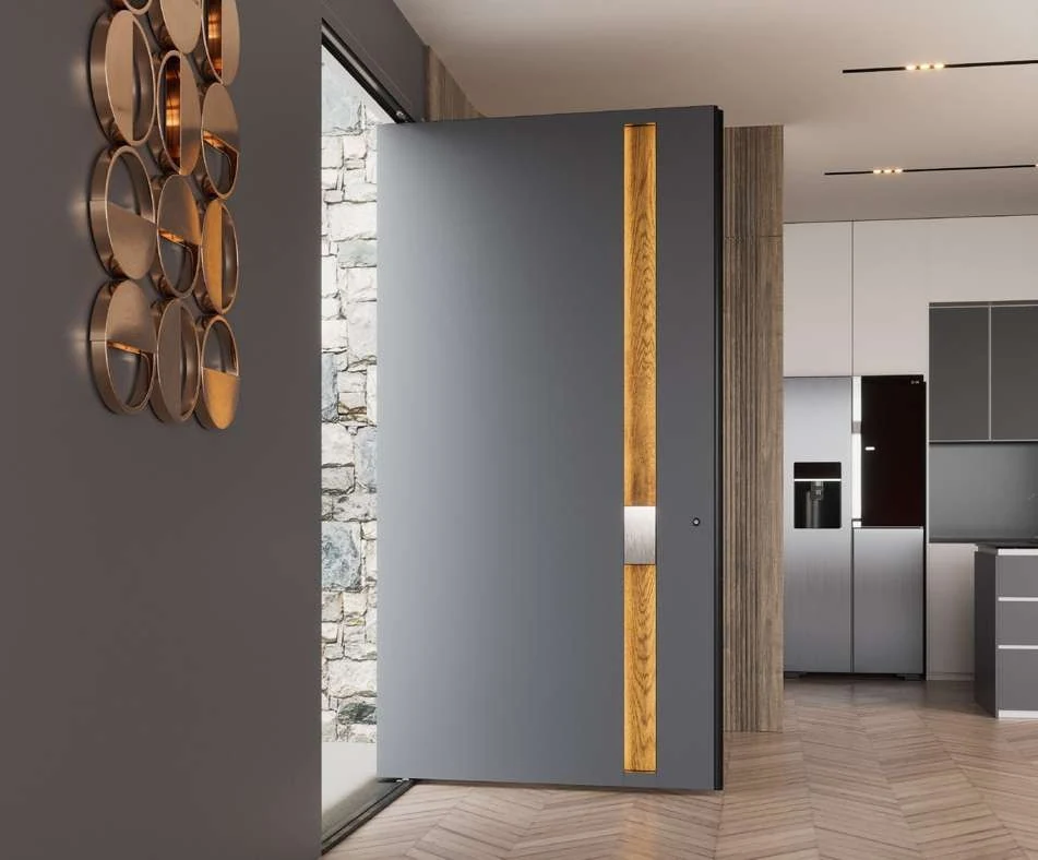 Pivot Mini — ușă pivotantă cu mâner vertical iluminat, văzută din interior