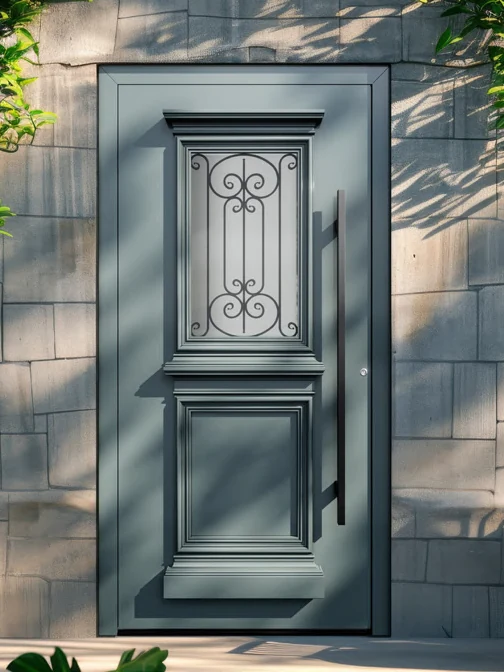 Classic — ușă de intrare gri antracit cu panouri clasice și vitraj ornamental
