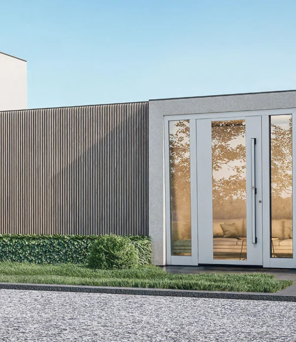 Ușă de intrare Standard din aluminiu, integrată într-o fațadă contemporană